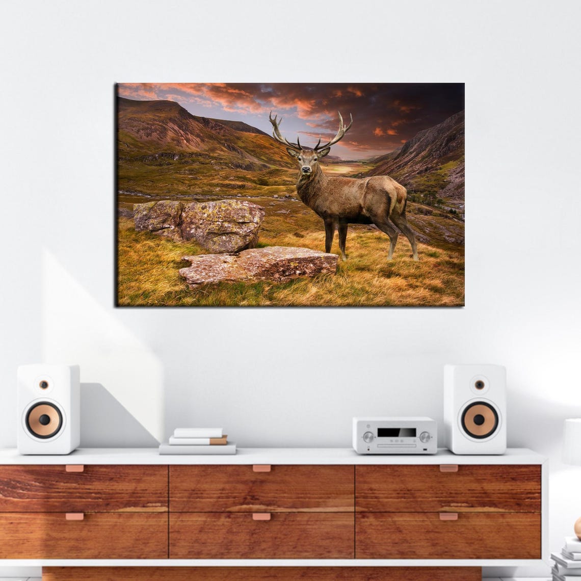 Red Deer Stag Sunset Mountain Valley Wildlife Canvas Wall Poster