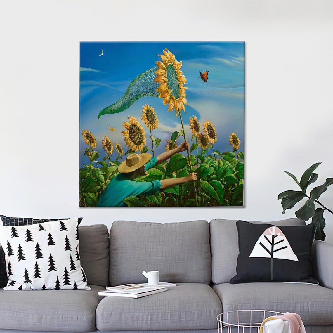 Surreal Giant Sunflower Garden With Butterflies Dreamy Art Poster
