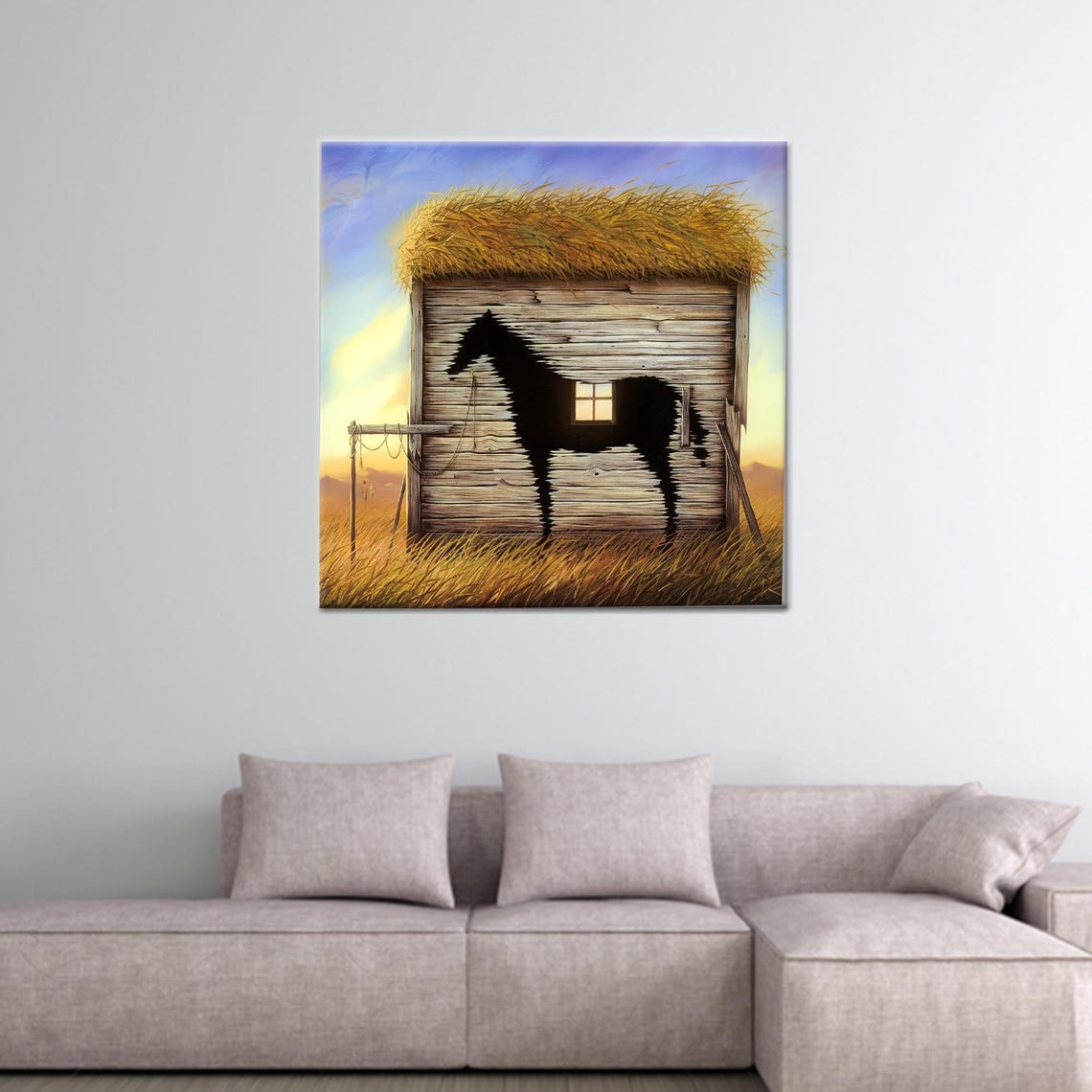 Surreal Horse Silhouette Thatched Barn Sunset Field Painting Poster