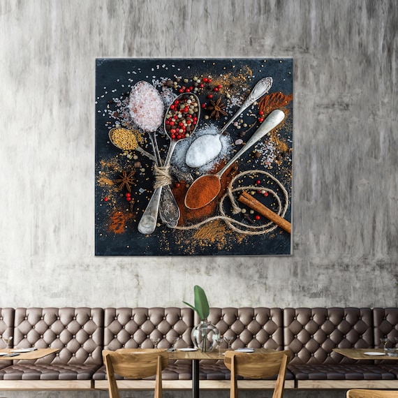 Vintage Spoons Spices Kitchen Canvas Print Rustic Salt Pepper Art