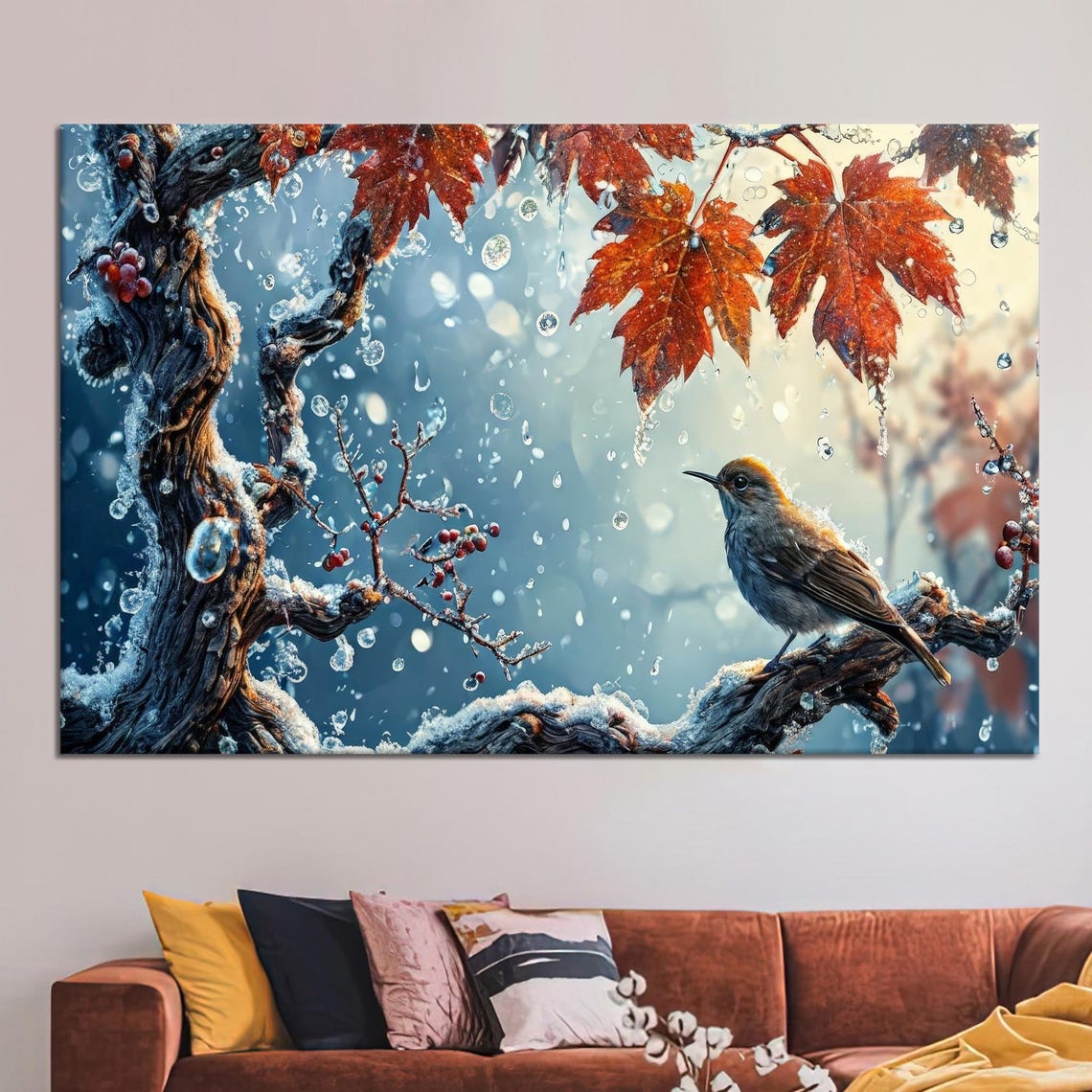 Bird on Icy Branch Red Maple Leaves Winter Nature Art Wall Poster
