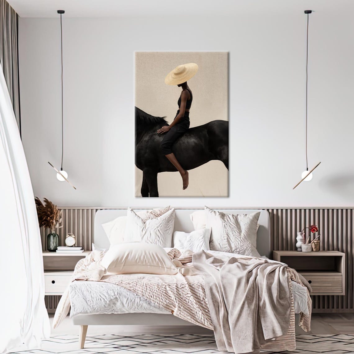 Woman in Wide Straw Hat Riding Black Horse Minimalist Art Poster