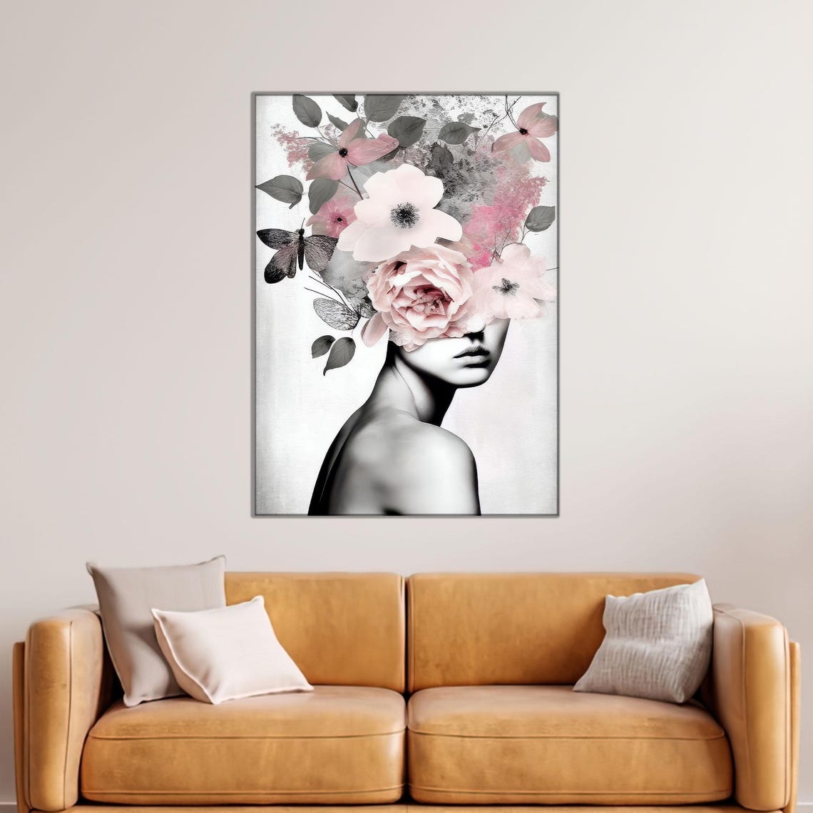 Black And White Woman Portrait Pink Flowers Butterflies Modern Poster