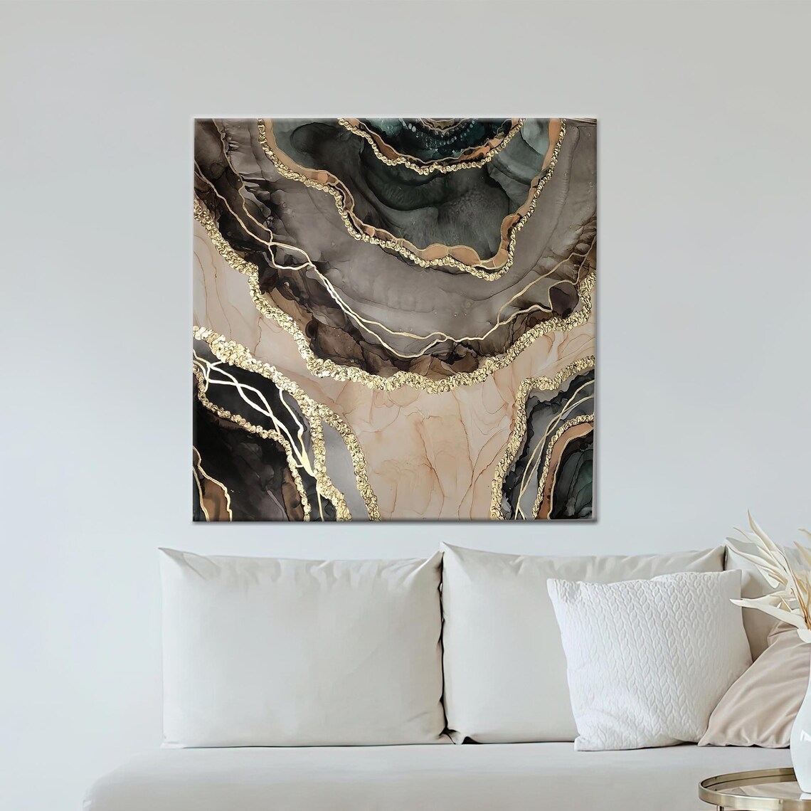Gray Marble Art Print, Brown Gold Alcohol Ink