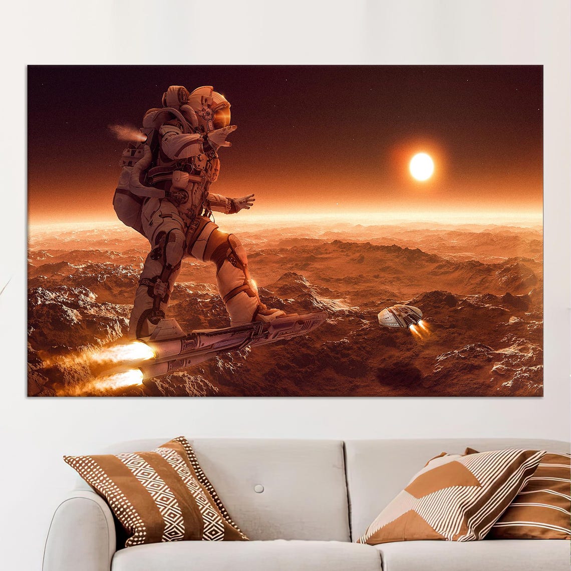 Astronaut Riding Rocket Boots Over Mars Red Planet Sunset Poster