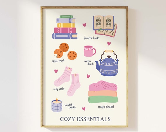 Cozy Essentials Print Art Cute Hygge Wall Art Stay Home Art Poster Homebody Wall Art