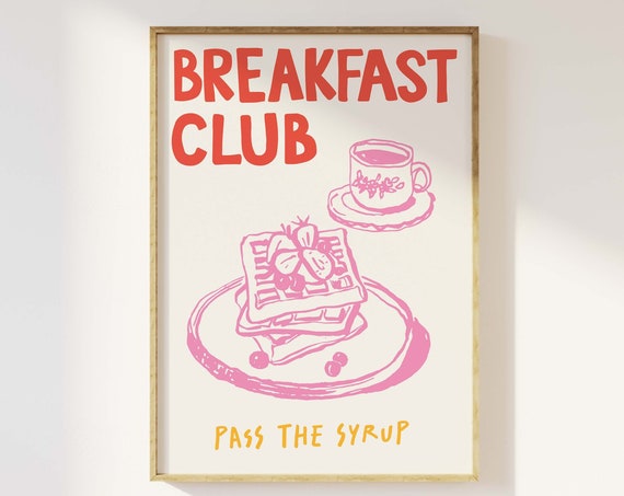 Breakfast Club Print Art Pink Kitchen Food Decor Retro Breakfast Art Poster Waffles Wall Art Cute Trendy Wall Art