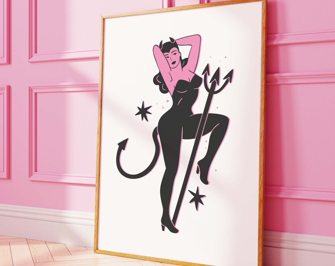 Pin Up Devil Girl Trident White Cute Retro Halloween Art Poster