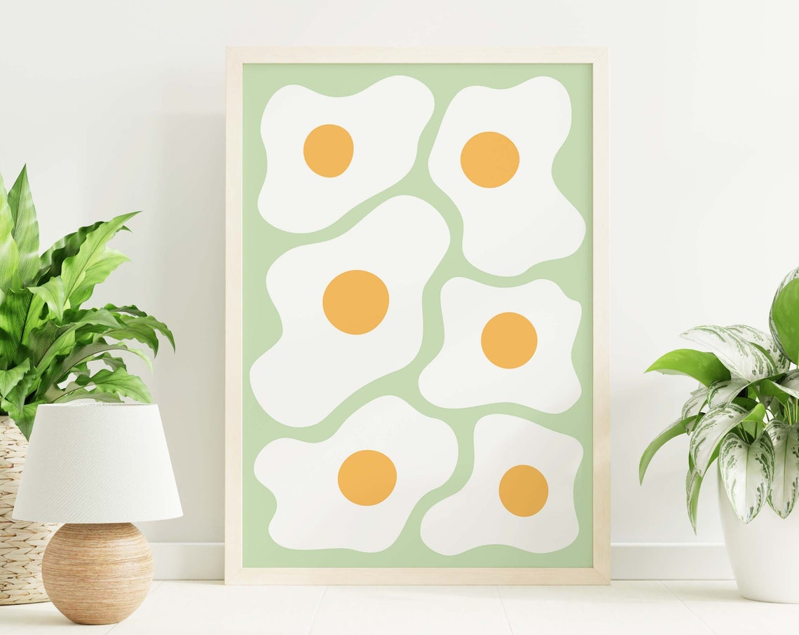 Eggs Print Art Green Kitchen Food Decor Retro Breakfast Art Poster Cute Trendy Wall Art