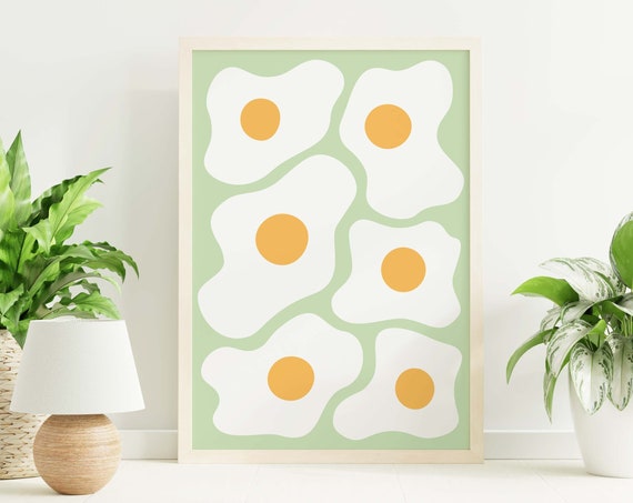 Eggs Print Art Green Kitchen Food Decor Retro Breakfast Art Poster Cute Trendy Wall Art
