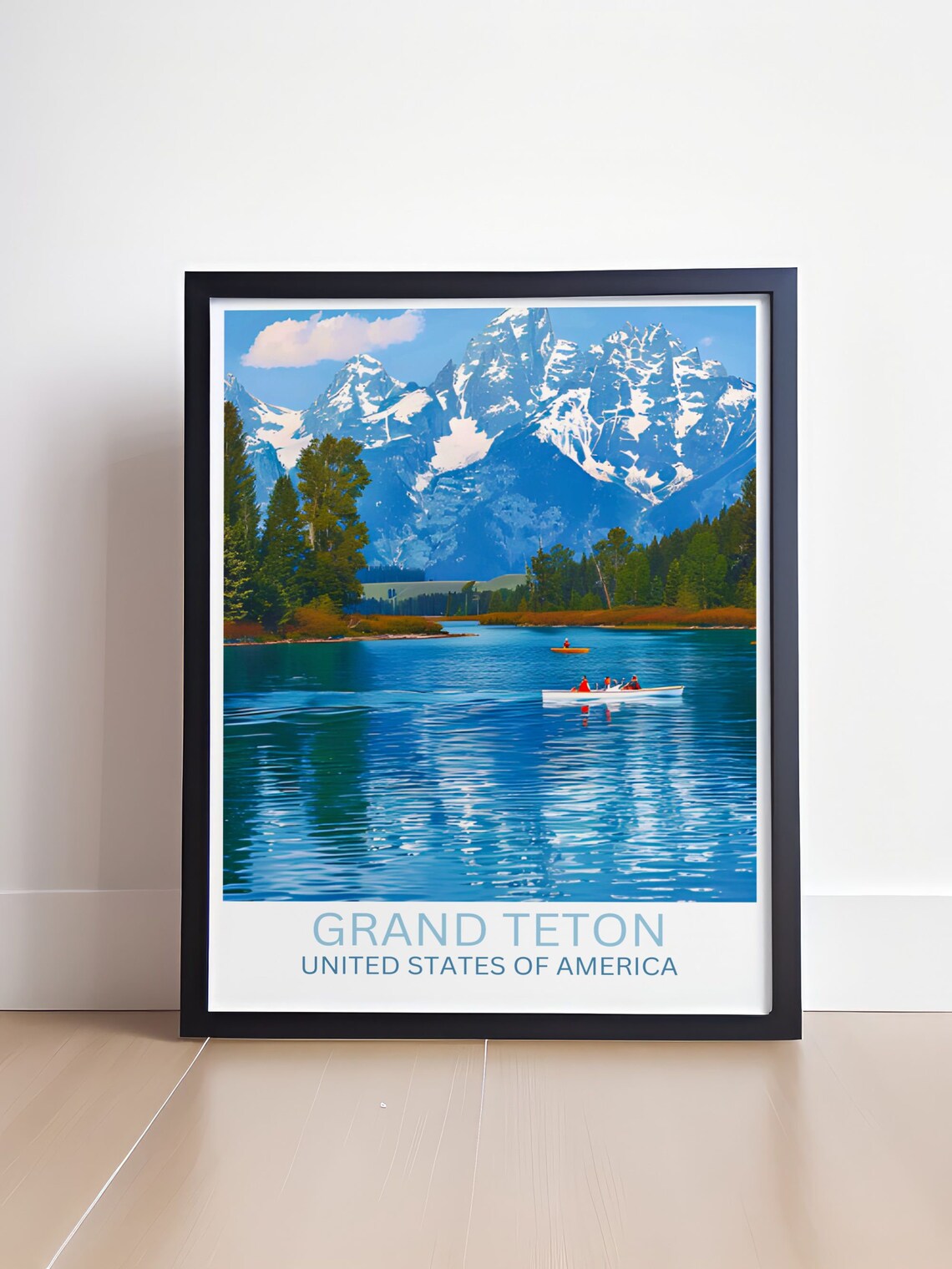 Grand Teton Lake Canoes Snow Peaks Daytime Adventure Travel Poster - Image 4