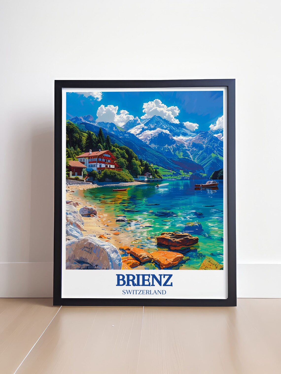 Brienz Switzerland Rocky Lakeshore Chalets And Crystal Water Poster - Image 4