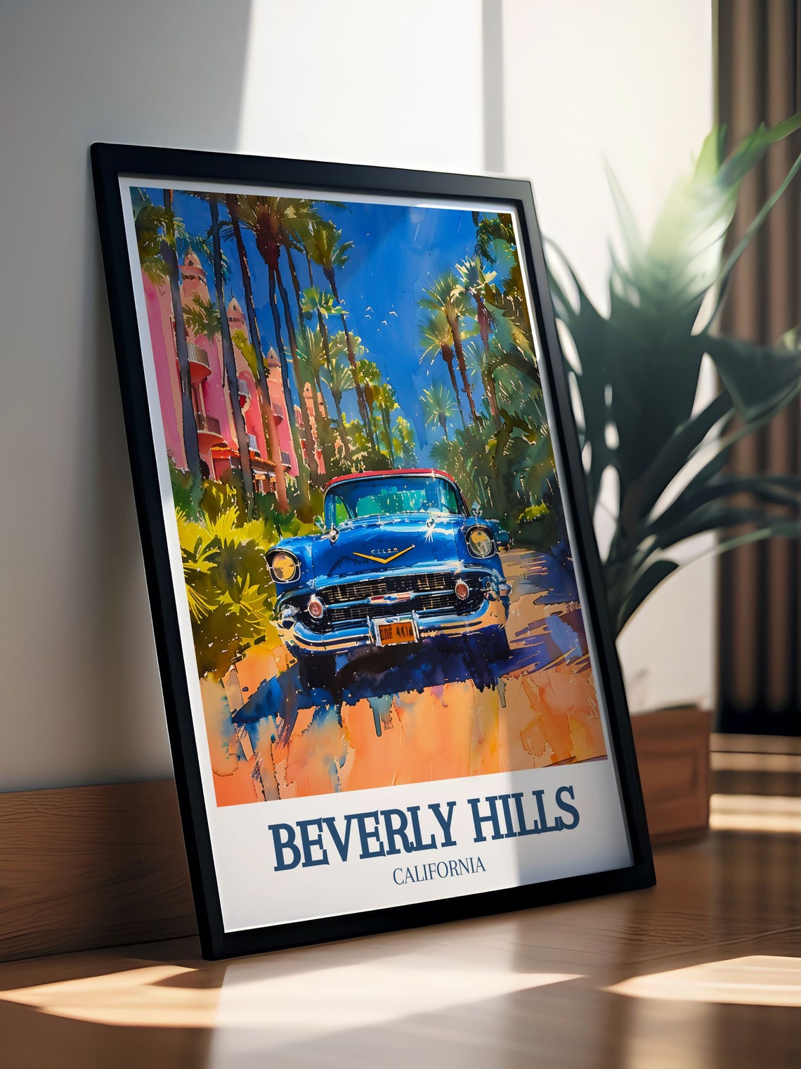 Beverly Hills California Classic Blue Car Pink Hotel Palms Poster - Image 2
