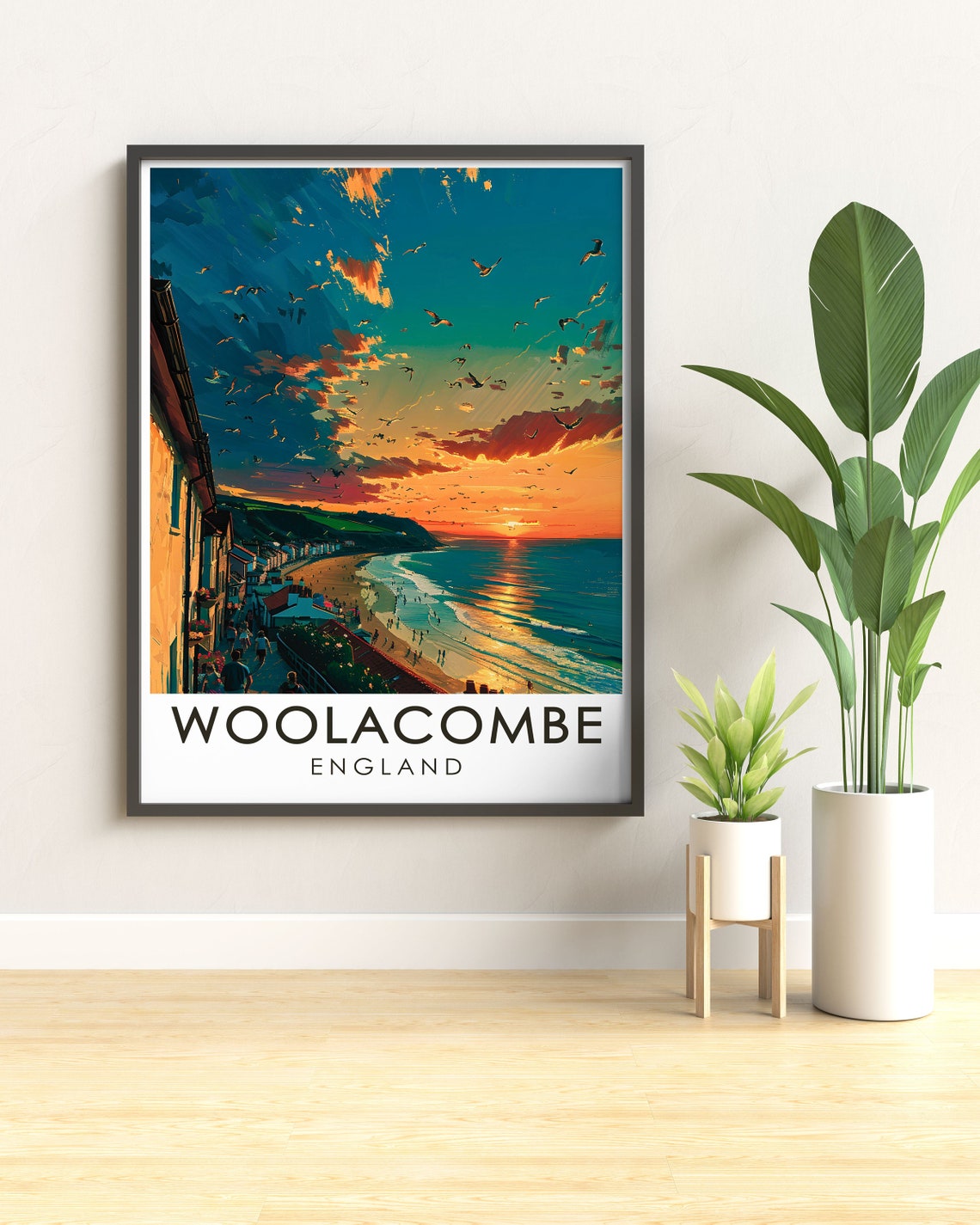 Woolacombe Beach Golden Sunset Seabirds Coastal Travel Poster - Image 2