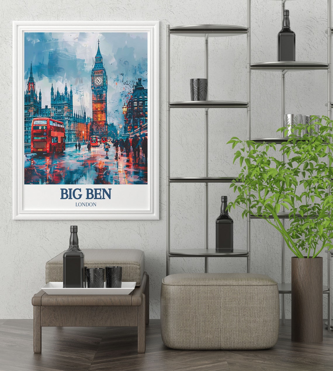 Big Ben London Rainy Street Red Double Decker Bus City Poster - Image 2