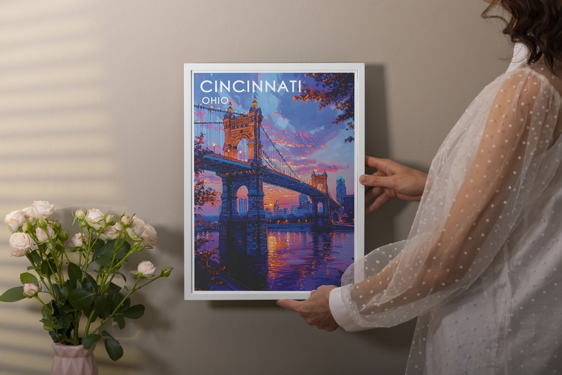 Cincinnati Ohio Roebling Bridge Glowing at Sunset Over River Poster - Image 3