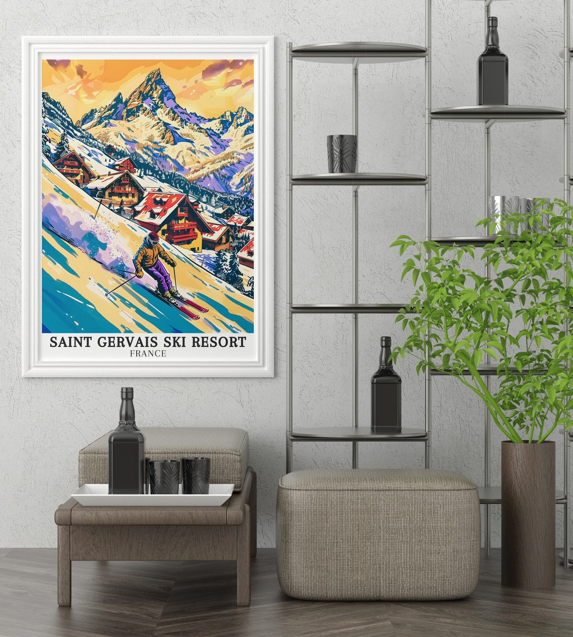 Saint Gervais Skier Above Colorful Alpine Chalets Sunset Poster - Image 2