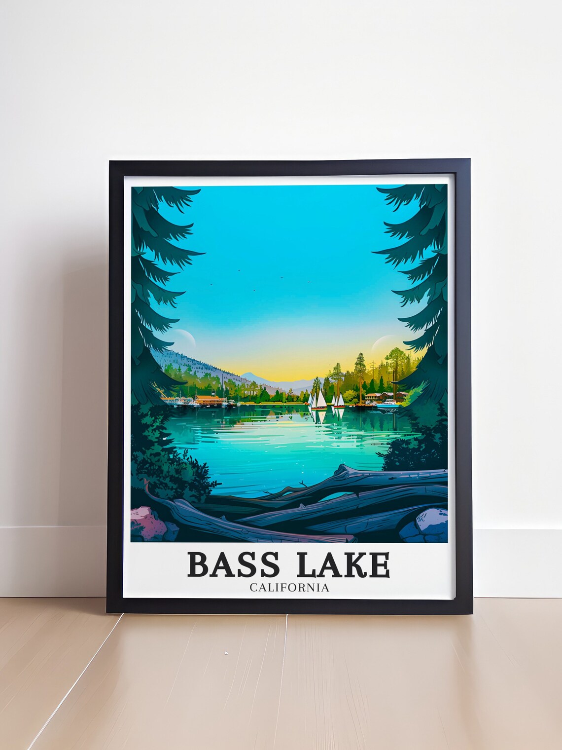 Bass Lake California Sailboats Pine Framed Lake Sunset View Poster - Image 4