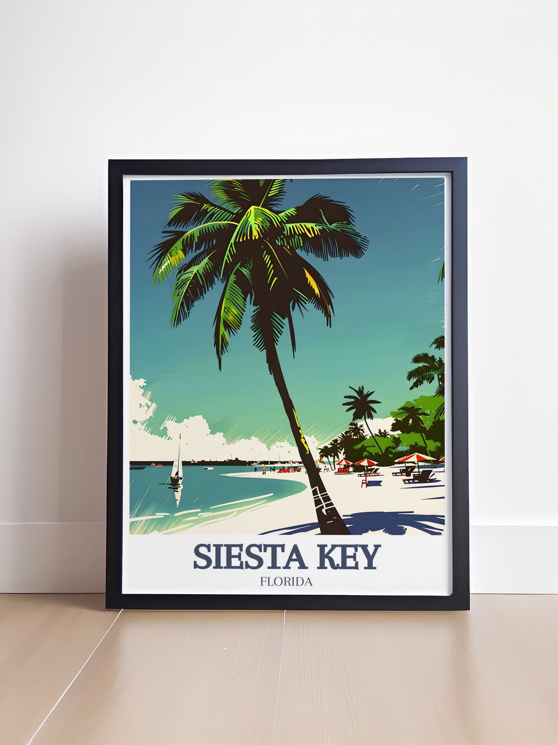 Siesta Key Beach Leaning Palm Tree Sailboat Umbrellas Coast Poster - Image 4