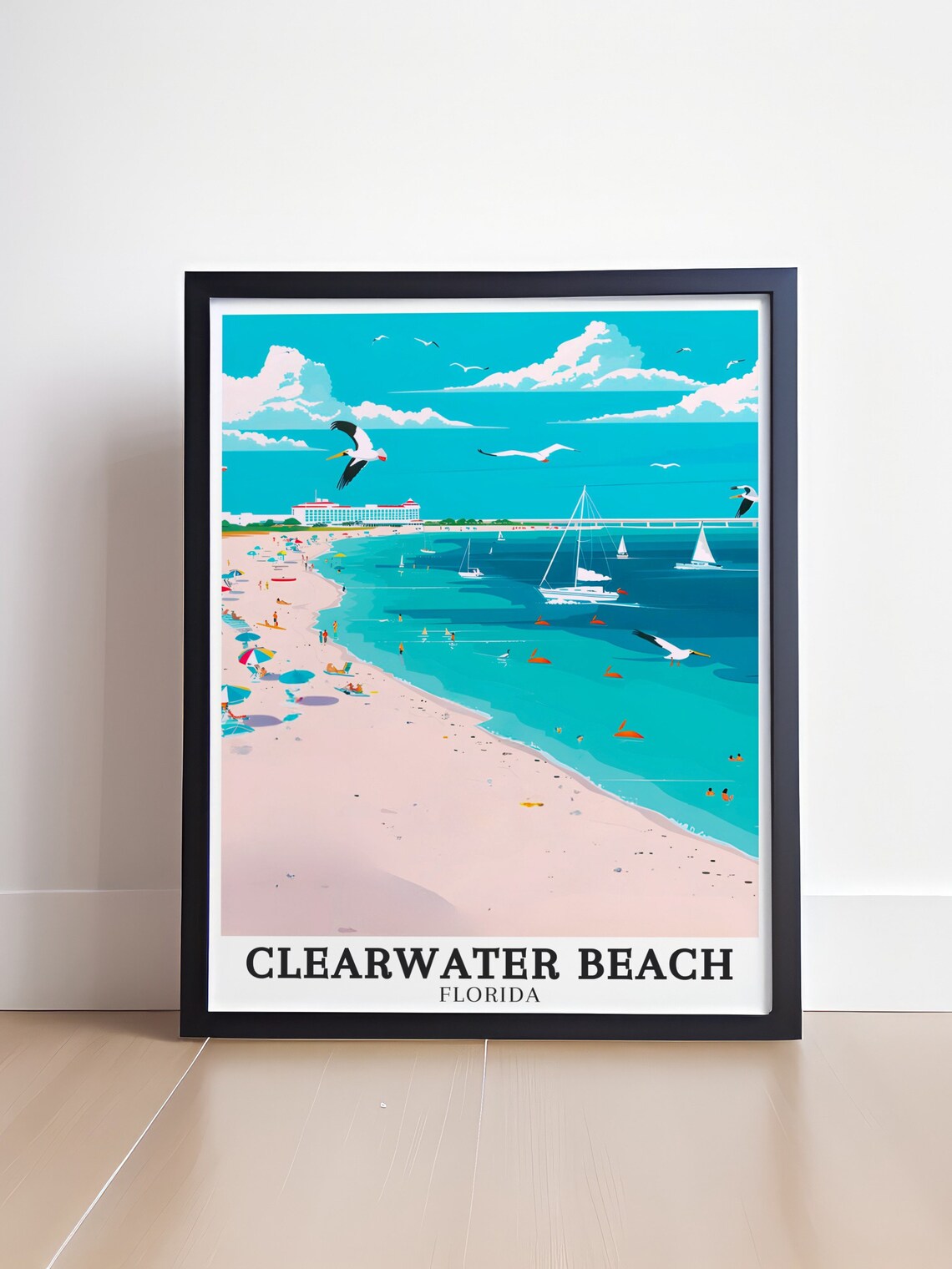 Clearwater Beach Pelicans Sailboats Pastel Florida Shore Poster - Image 4