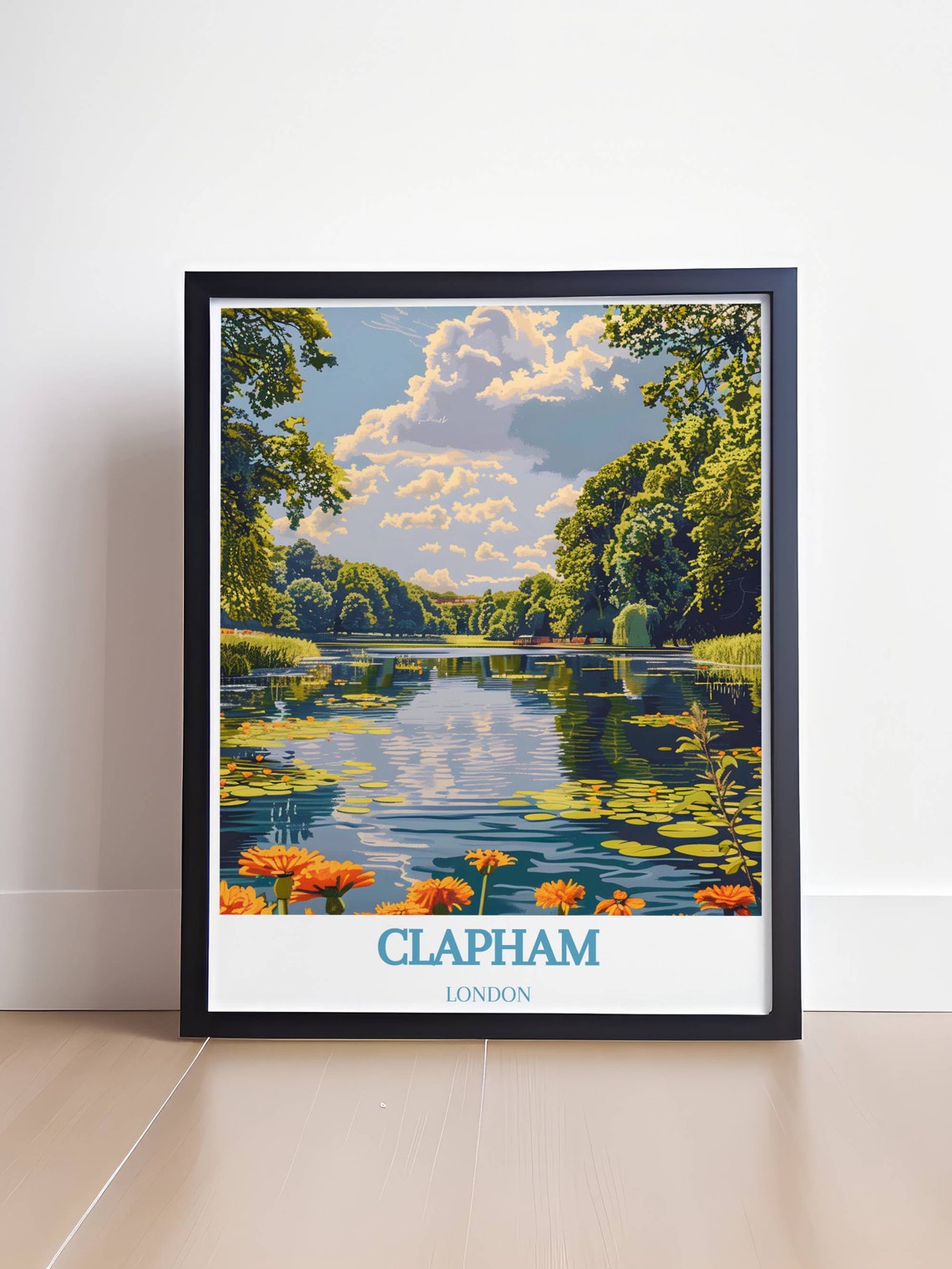 Clapham London Lily Pad Pond With Bright Orange Bloom Poster - Image 4