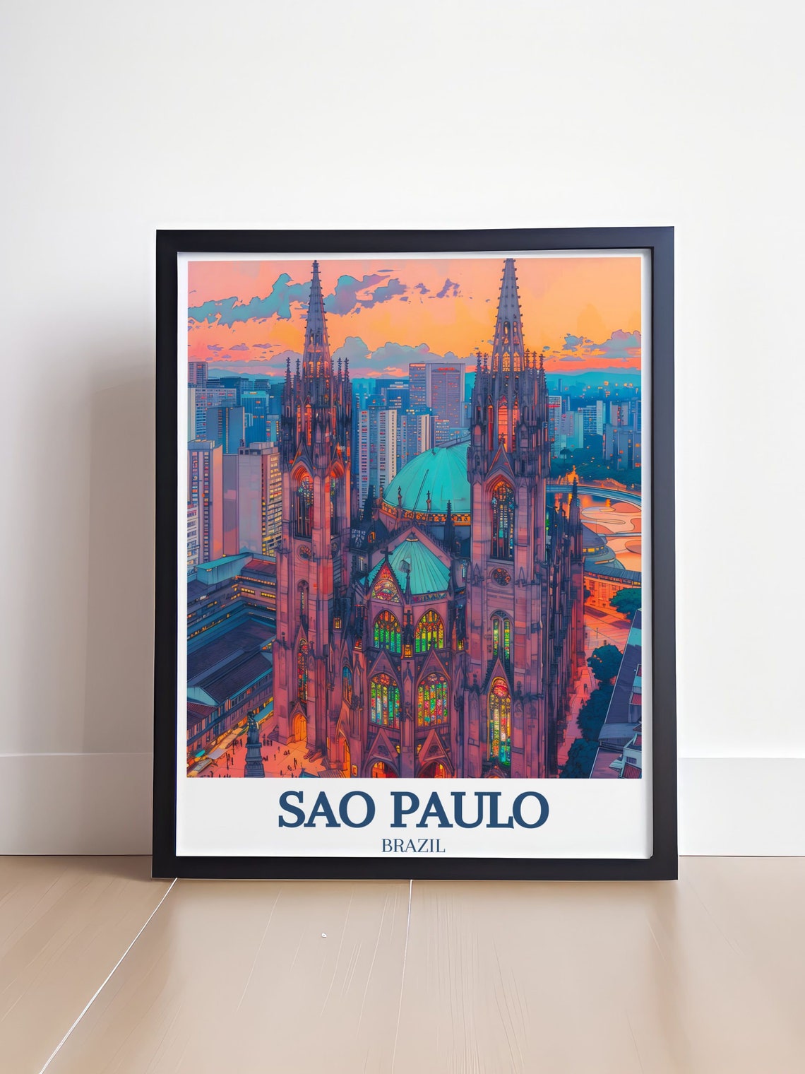 Sao Paulo Brazil Cathedral Sunset Twin Spires City Travel Poster - Image 4
