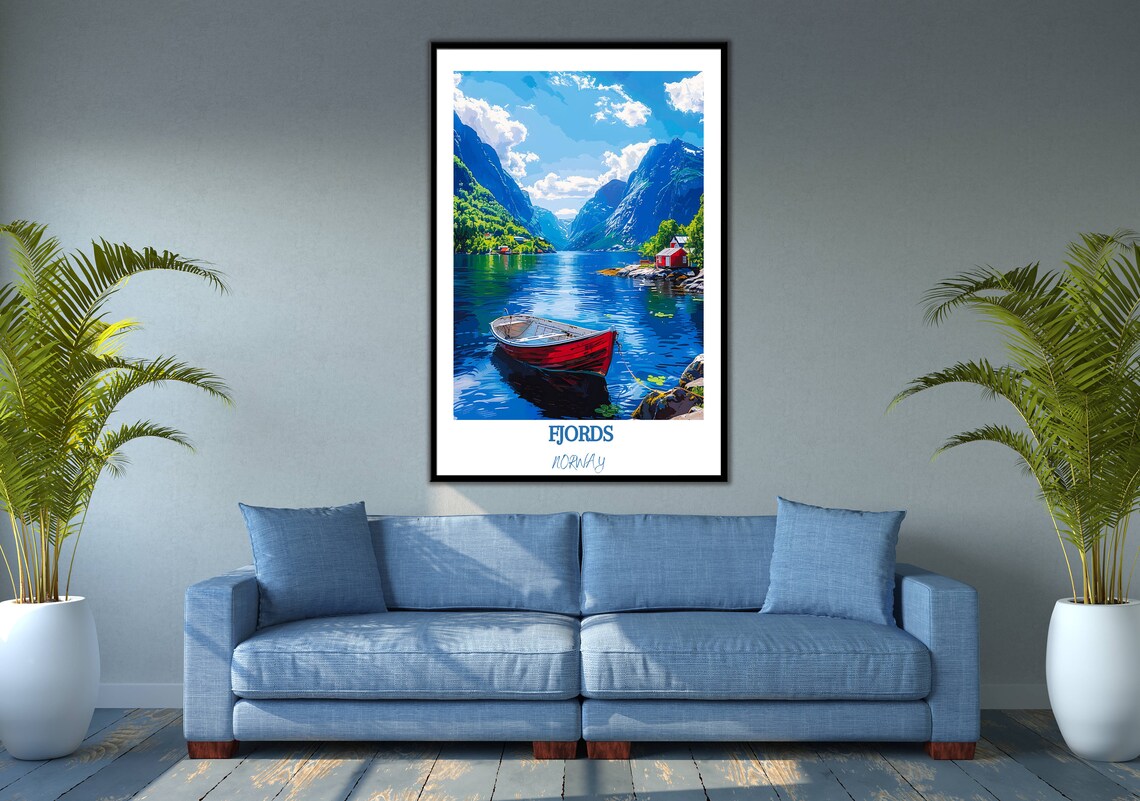 Norwegian Fjord With Red Rowboat And Red Cabin In Norway Poster - Image 3