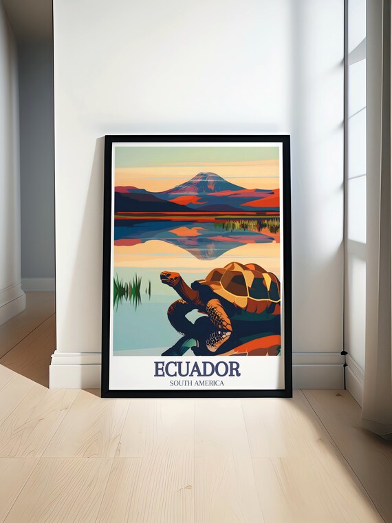 Galapagos Tortoise at Sunset Ecuador Volcano Wildlife Art Poster