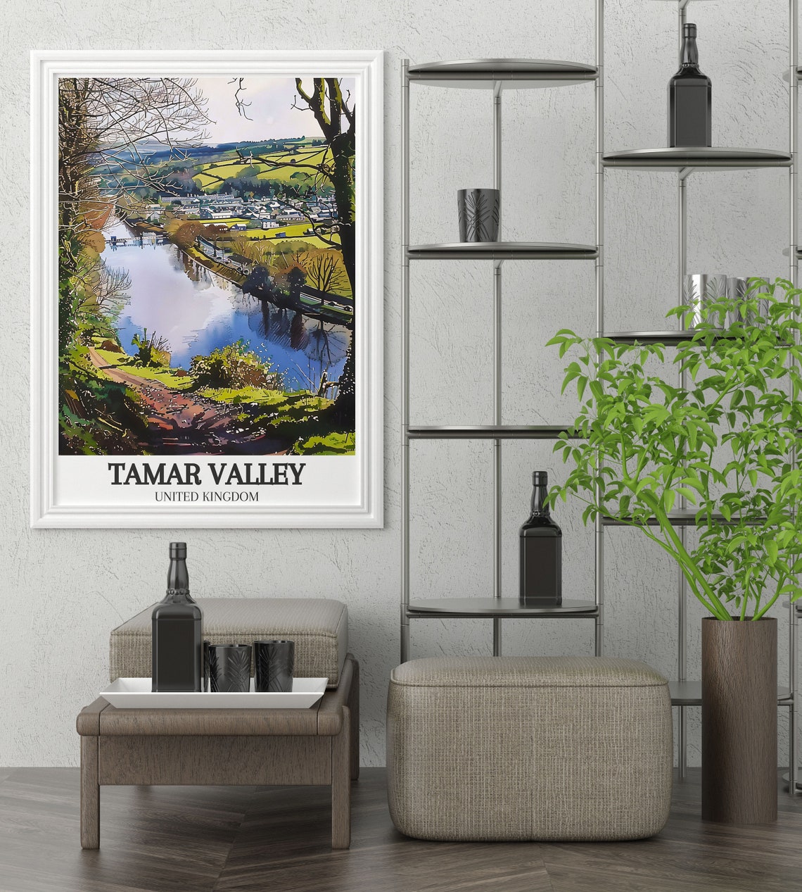 Tamar Valley England Winding River Green Hills Watercolor Poster - Image 2