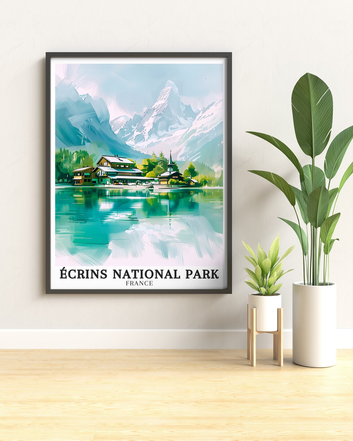 Écrins National Park France Alpine Lake Village Chalets Poster - Image 2