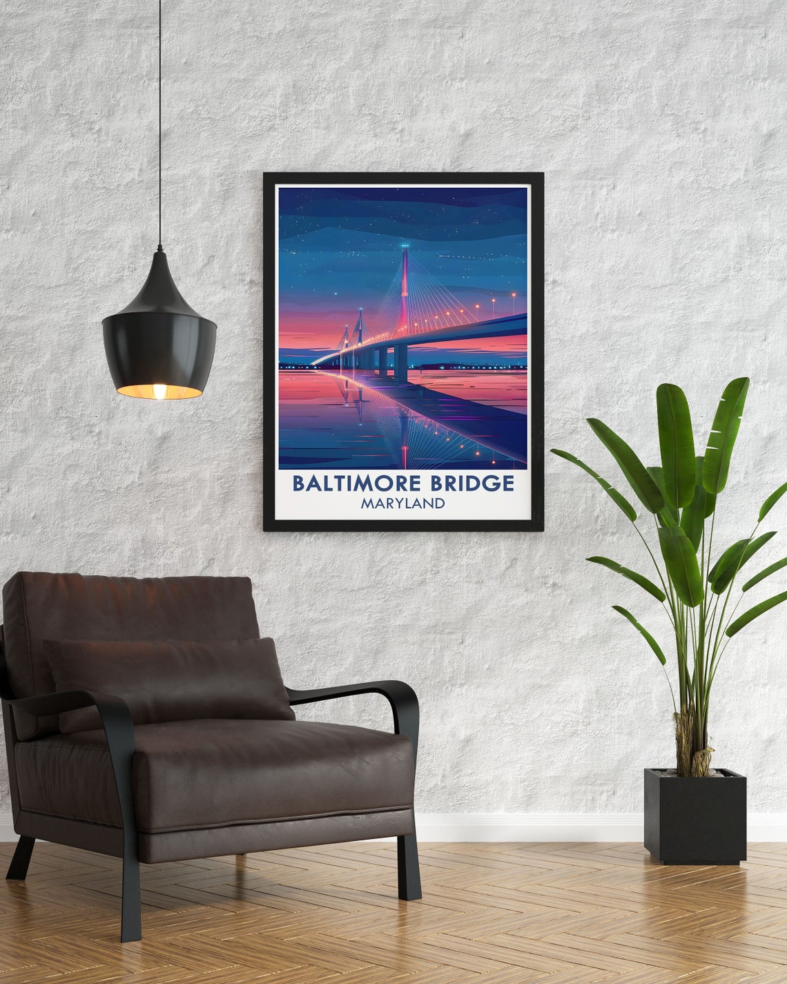 Baltimore Key Bridge Cable-Stayed Sunset Night Sky Travel Poster - Image 4
