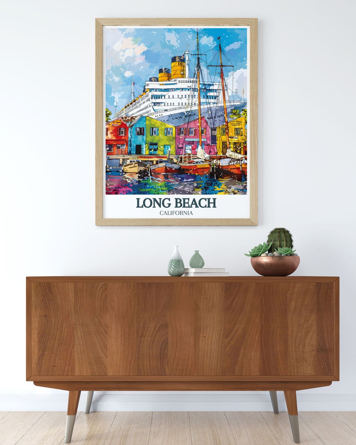 Long Beach Queen Mary Ocean Liner Colorful Harbor Scene Poster - Image 3
