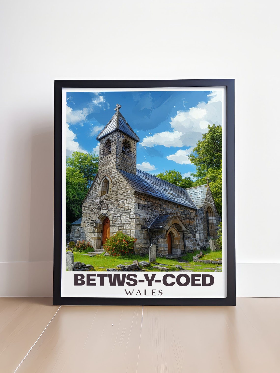 Betws-y-Coed Wales Historic Stone Church Blue Sky Travel Poster - Image 4