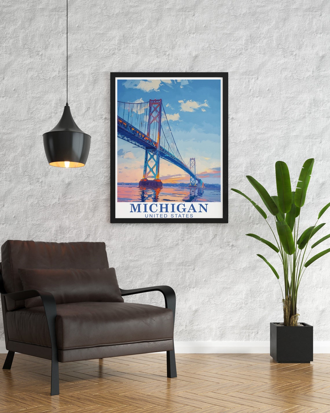 Mackinac Bridge Michigan Sunset Towers Over Water View Poster - Image 3