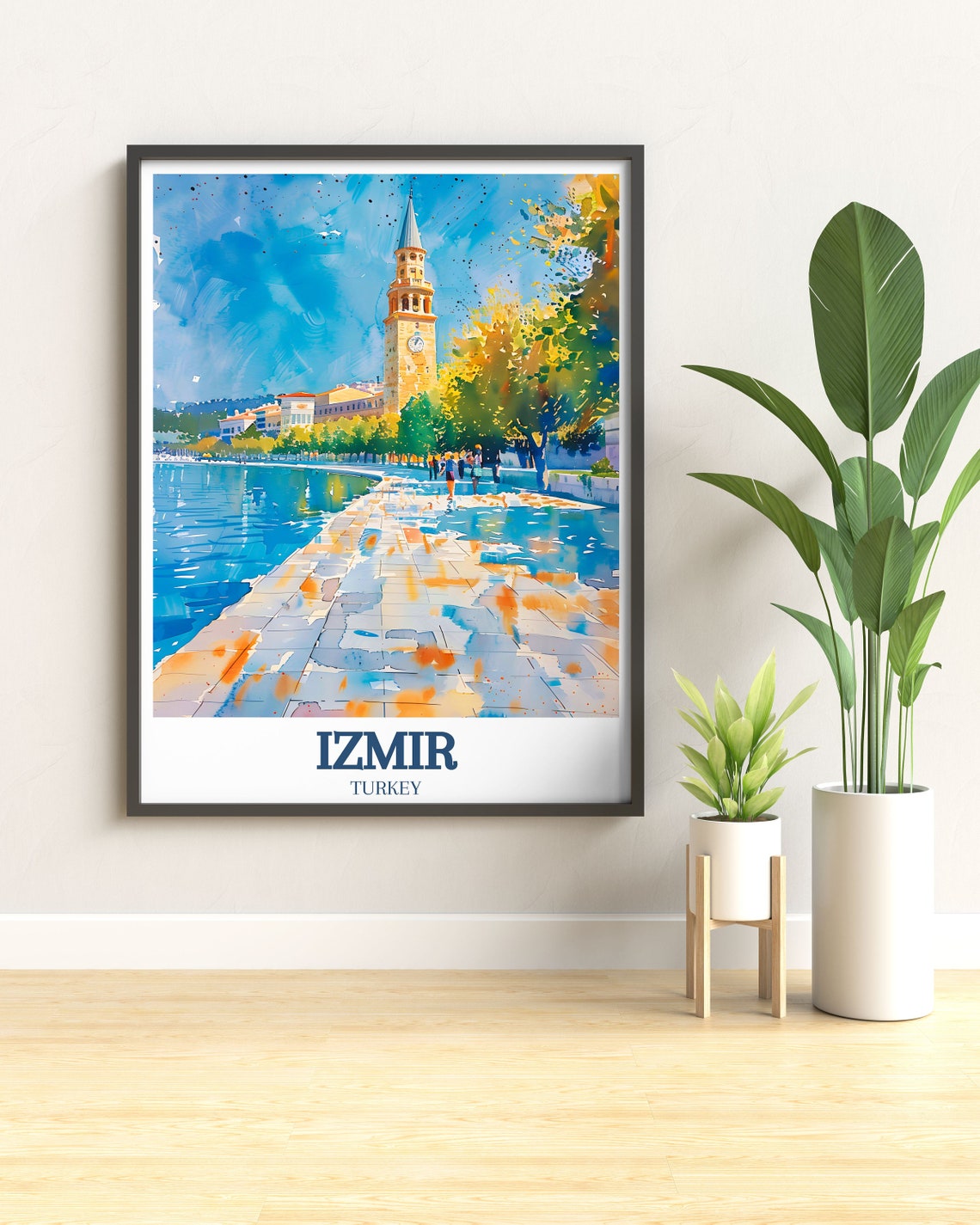 Izmir Turkey Clock Tower Promenade Watercolor Bay View Poster - Image 2