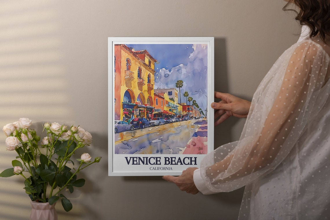 Venice Beach California Palm Street Scene Watercolor Art Poster - Image 2