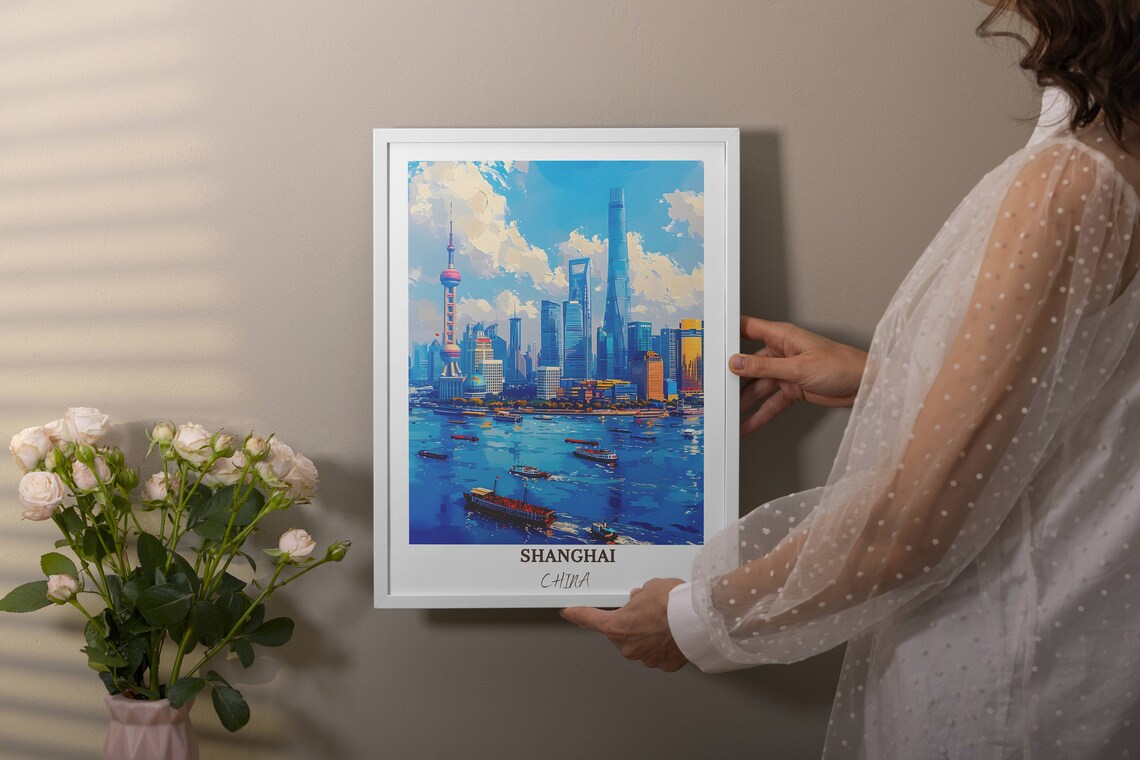 Shanghai China The Bund Skyline Huangpu River Boats Travel Poster - Image 4
