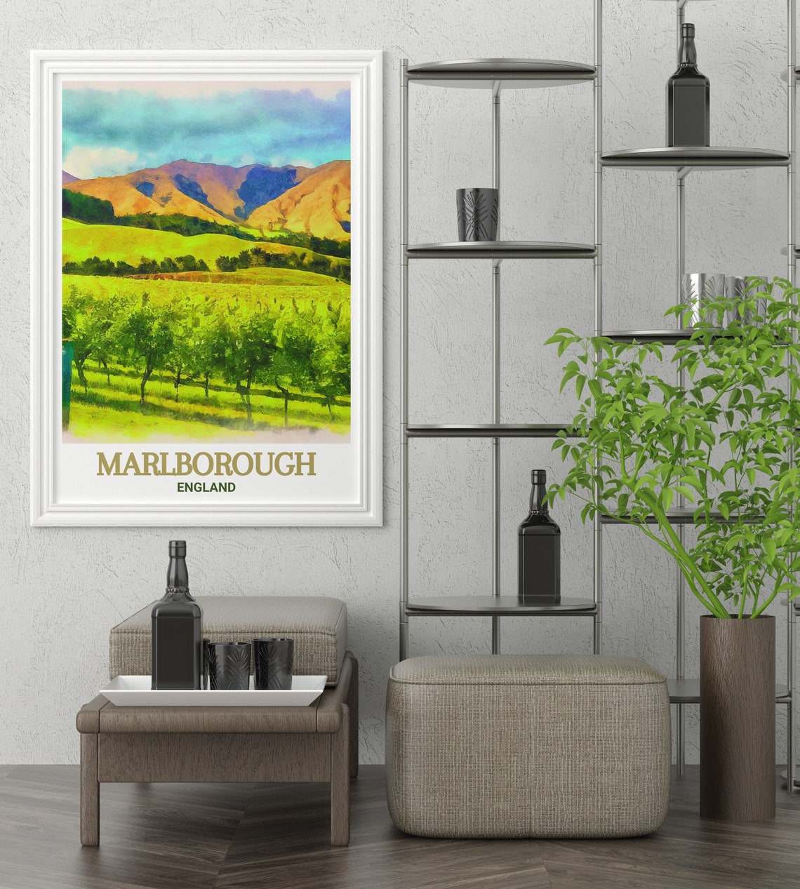 Marlborough Vineyard Hills Watercolor Scenic England Travel Poster - Image 3