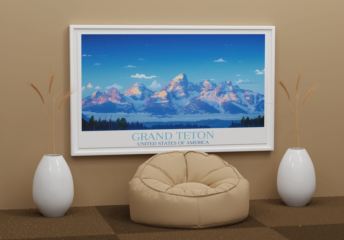 Grand Teton Alpenglow Panorama Snow Range Dawn Peaks Travel Poster - Image 2