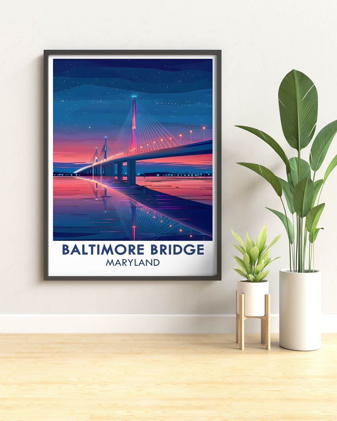 Baltimore Key Bridge Cable-Stayed Sunset Night Sky Travel Poster - Image 2