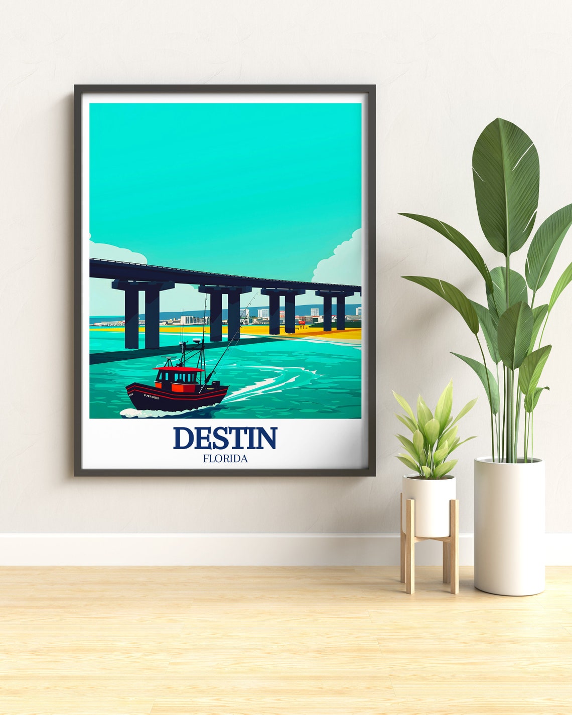Destin Florida Fishing Boat Racing Under Harbor Bridge Poster - Image 2