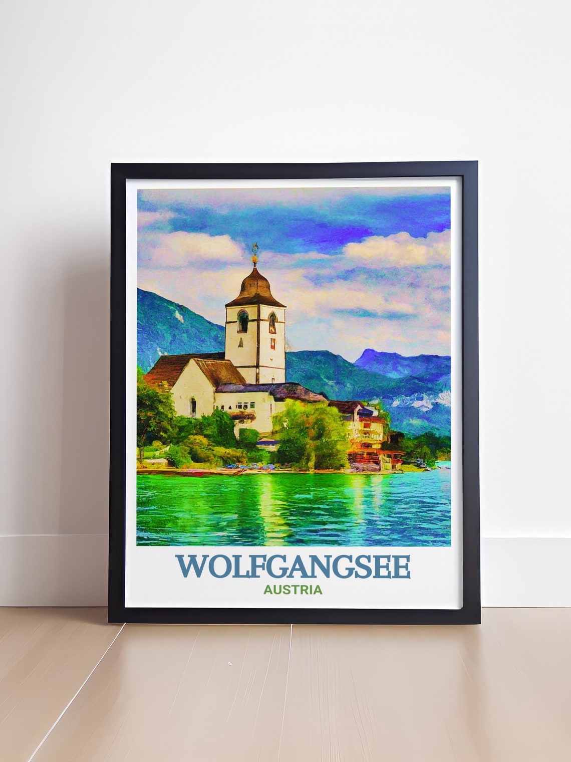 Wolfgangsee Austria Lakeside Church Watercolor Scenic Travel Poster - Image 4