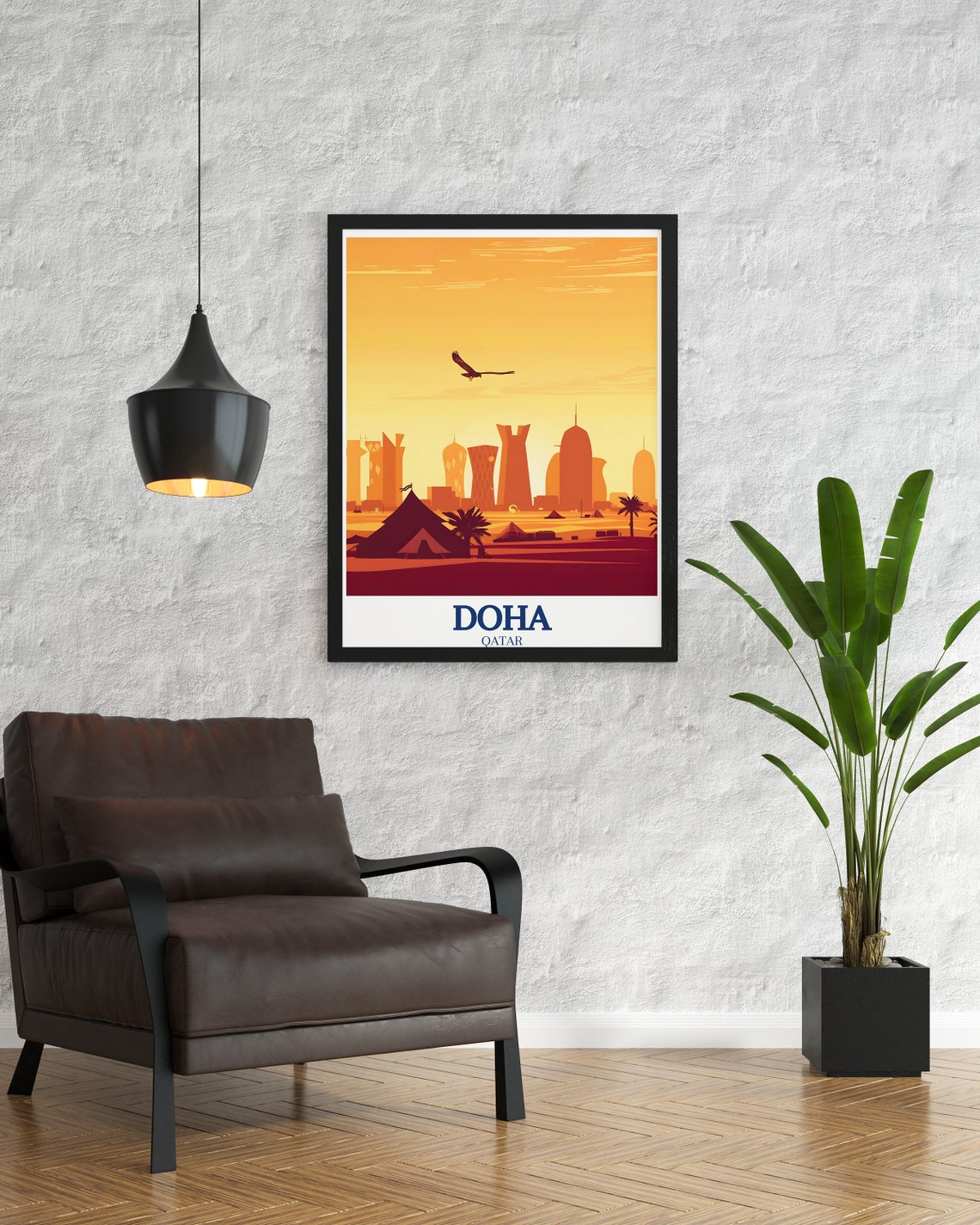 Doha Desert Bedouin Camp Sunset with Falcon and Skyline Poster - Image 3