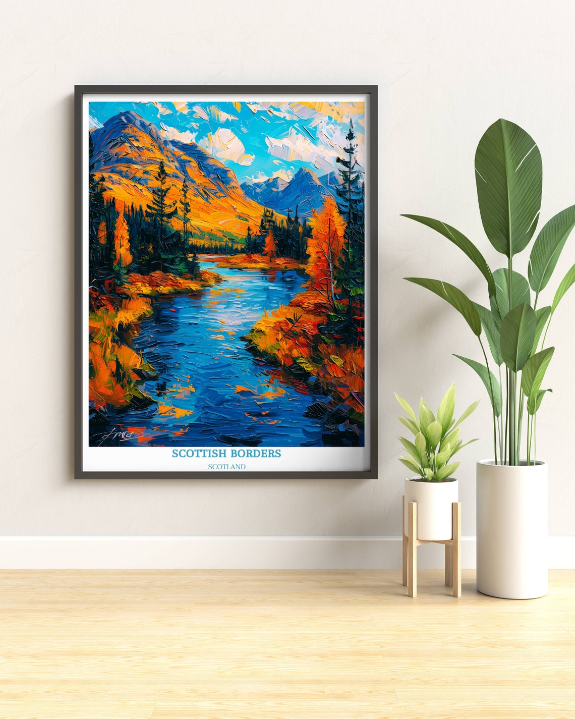 Scottish Borders Autumn River Mountain Oil Painting Style Poster - Image 3