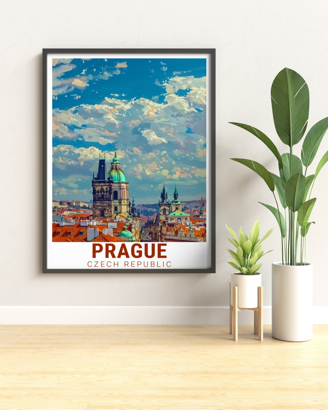 Prague Red Rooftops Green Dome Dramatic Skyline Czech Travel Poster - Image 2