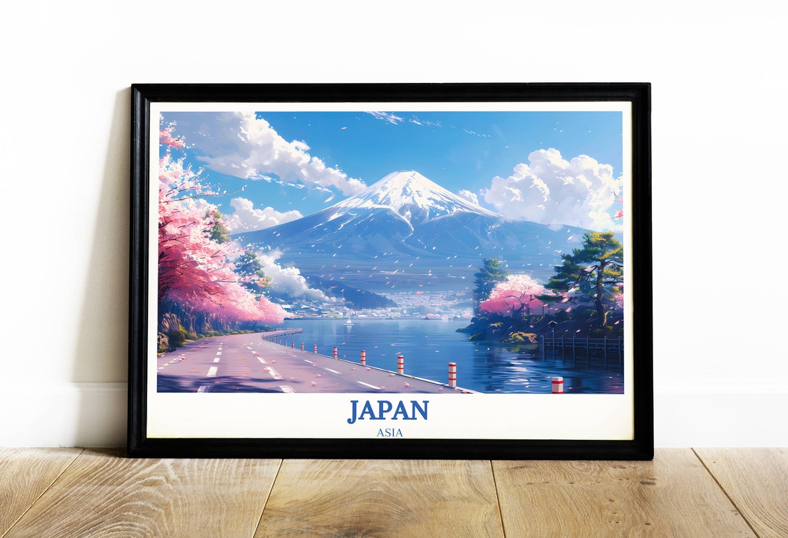 Mount Fuji Japan Cherry Blossom Lakeside Scenic Travel Poster