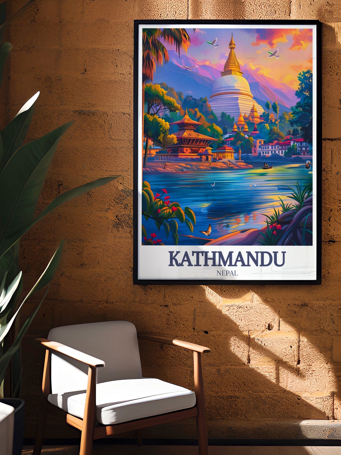 Kathmandu Nepal Stupa River Sunset Vibrant Illustrative Art Poster - Image 2