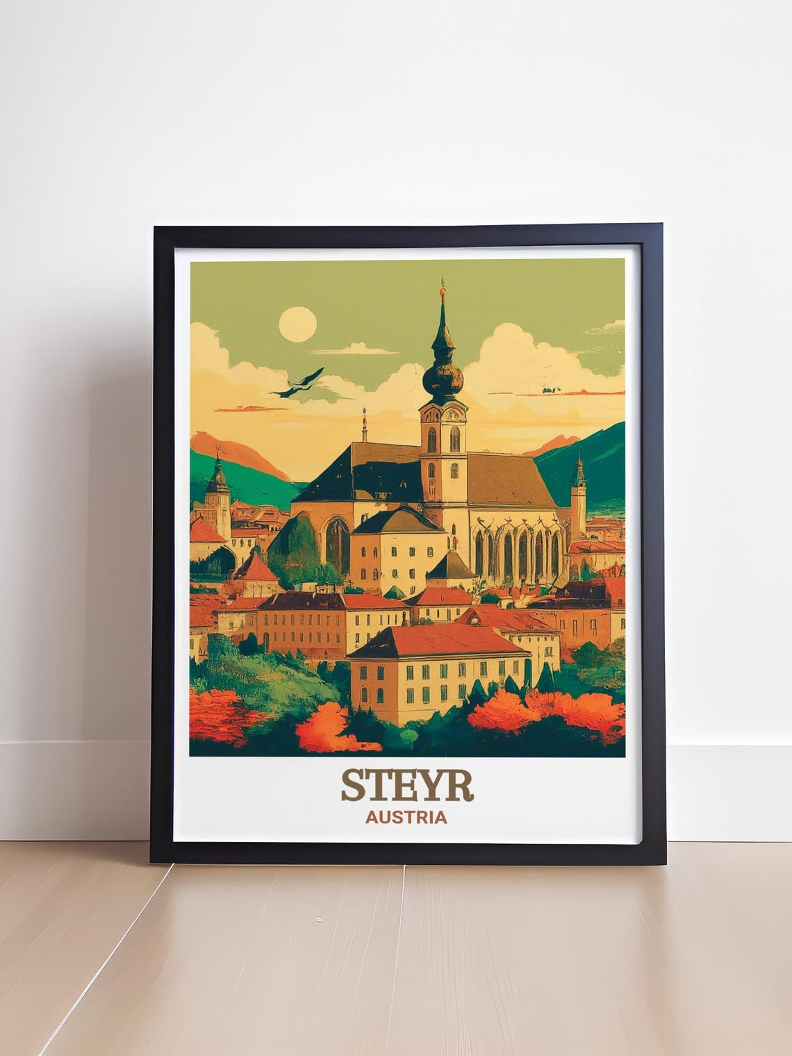 Steyr Austria Parish Church at Sunset Retro Style View Poster - Image 4