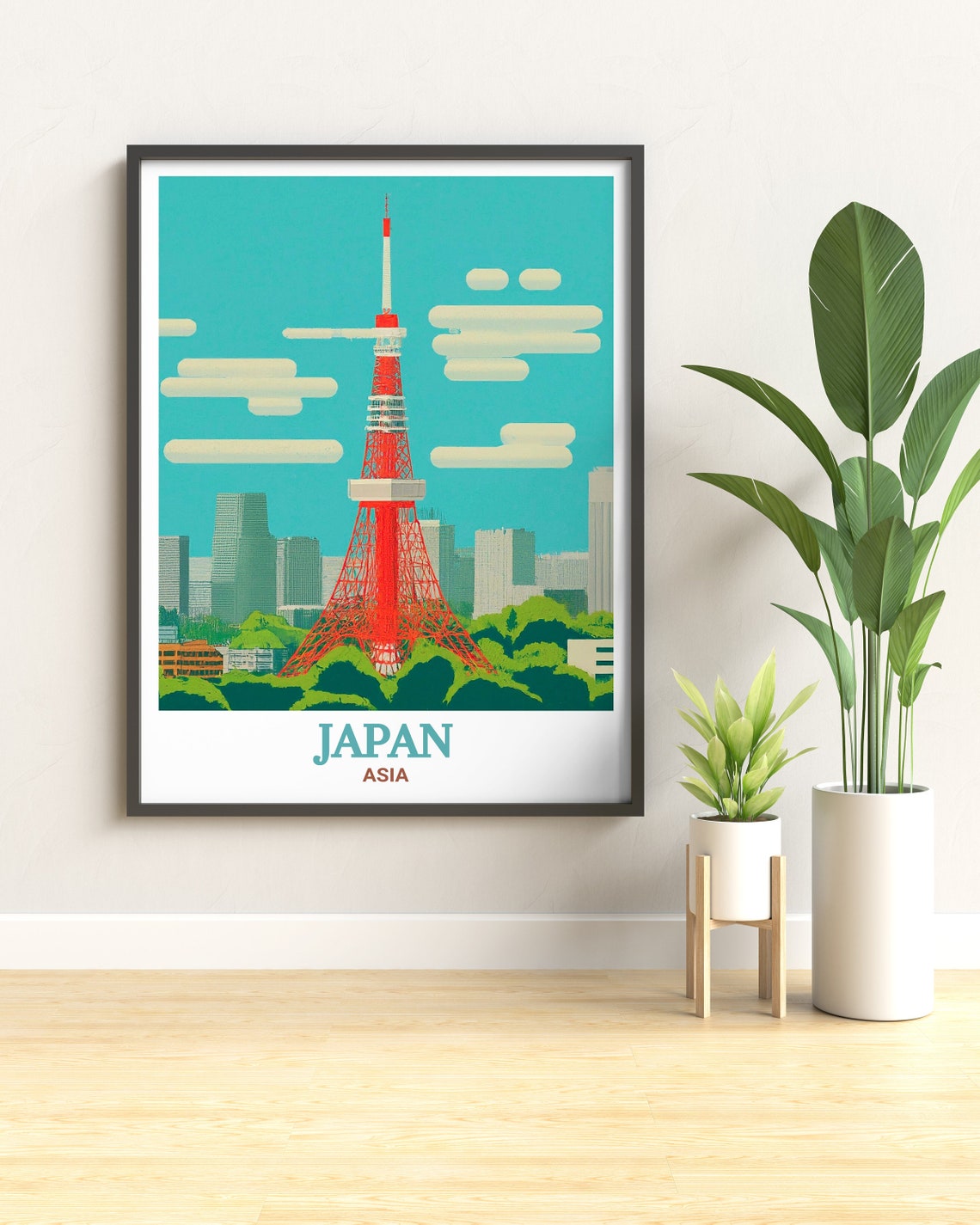 Tokyo Tower Japan Retro Travel Skyline Teal Clouds City Poster - Image 2