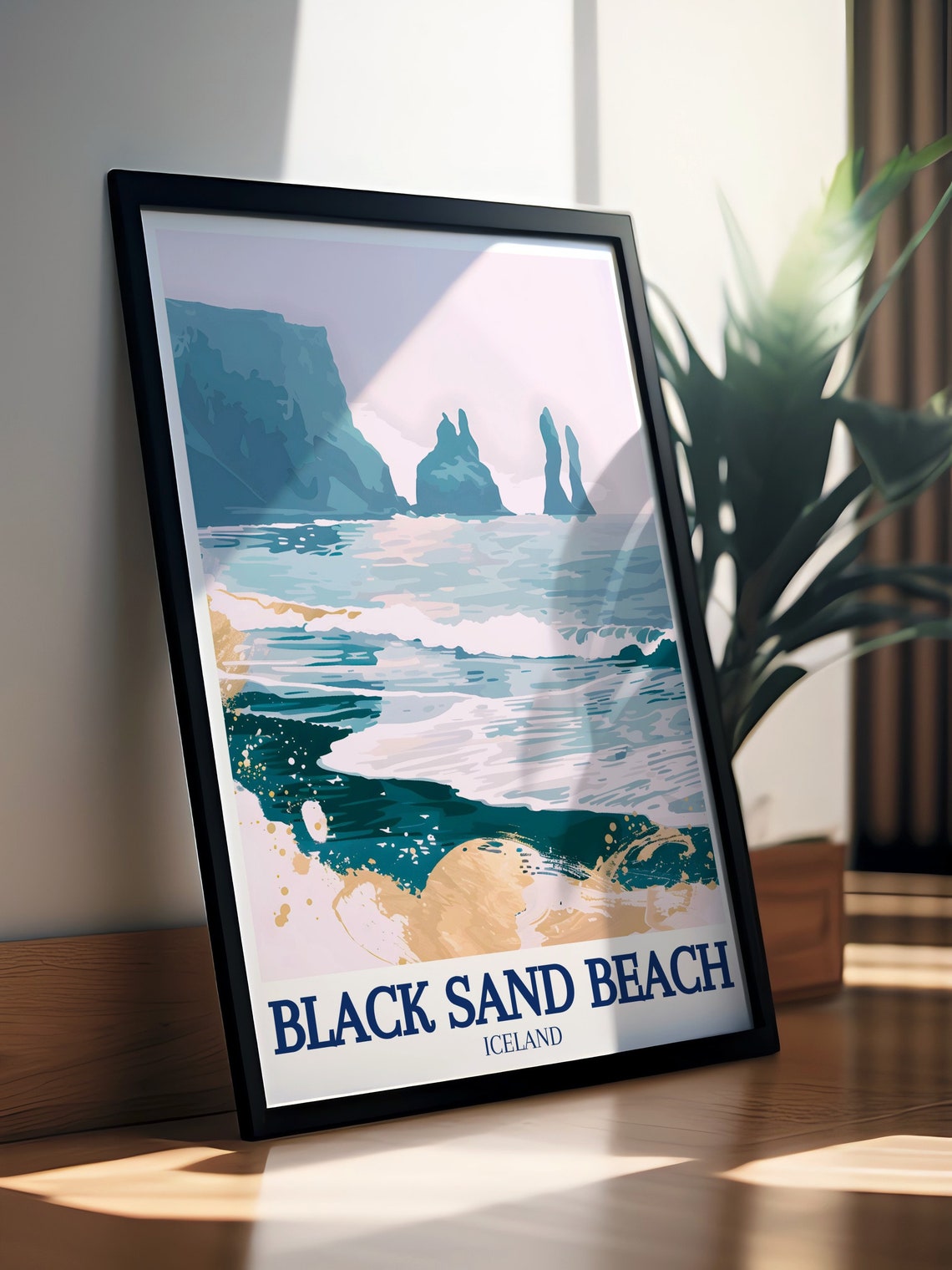 Iceland Black Sand Beach Poster Reynisfjara Sea Stacks Pastel Art - Image 3